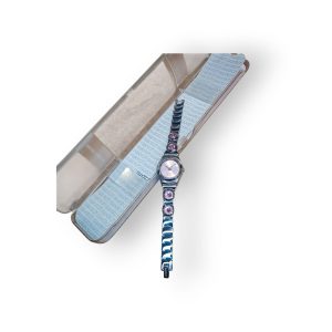 Relógio Swatch Feminino – Bracelete Metálica com Cristais Lilás, Quartzo, c/ caixa original
