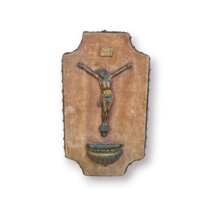 Crucifixo Parede c/ Pia de Água Benta – Bronze e Veludo – Vintage Religioso