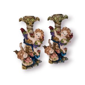 👼 Par Castiçais Barrocos com Querubins – Pintados à Mão (15 cm)