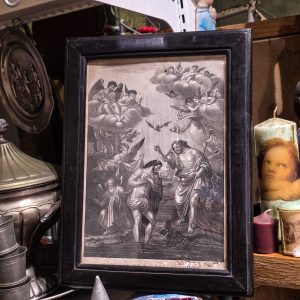 🖼 Gravura Antiga Religiosa “Baptême de N. S. Jésus-Christ” – Século XIX – Moldura Madeira