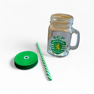🟢 Caneca Vidro Sporting CP Oficial c/ Tampa e Palhinha – 14cm | Nova c/ Etiqueta