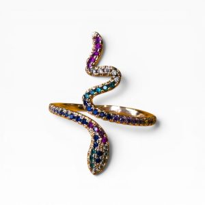 🐍 Anel Cobra Ajustável Dourado com Pedras Coloridas