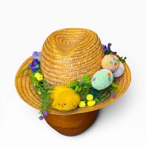 🐣 Chapéu Decorativo Páscoa em Palha com Pintainho, Ovos e Flores