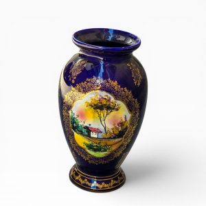 🏺 Jarra Antiga / Vintage Alcobaça Portugal - Azul-Cobalto com Dourado e Paisagem Pintada