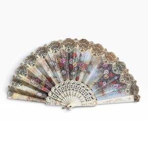 🌸 Leque Vintage Decorativo com Renda e Motivos Florais