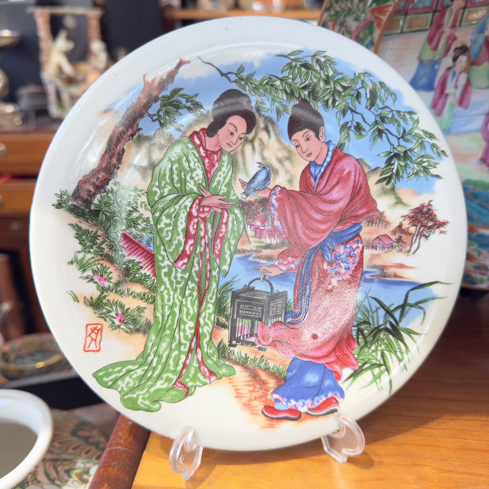 🌸 Prato Decorativo Oriental — Cena de Jardim com Ave e Gaiola