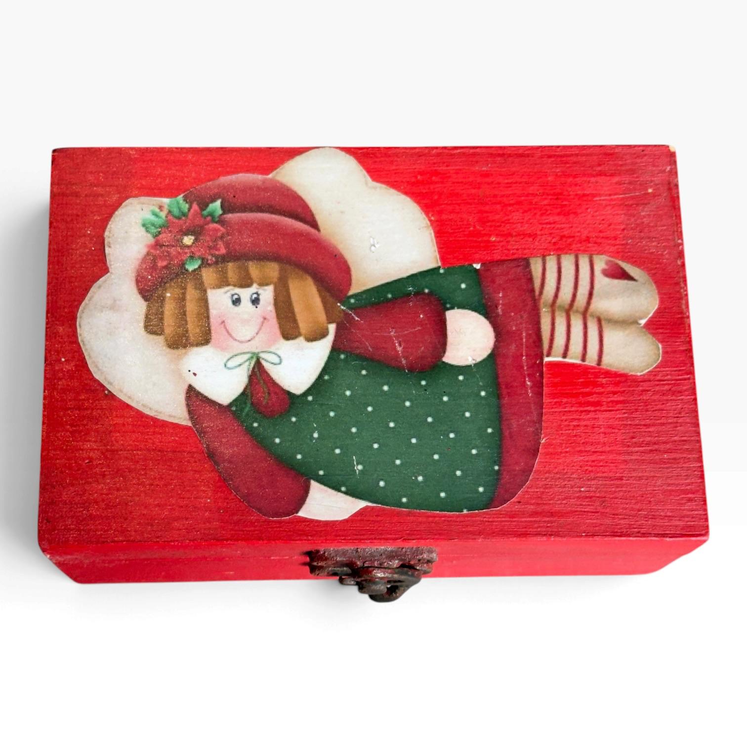 🎄 Caixa de Madeira Vermelha Com Boneca/Anjo de Natal